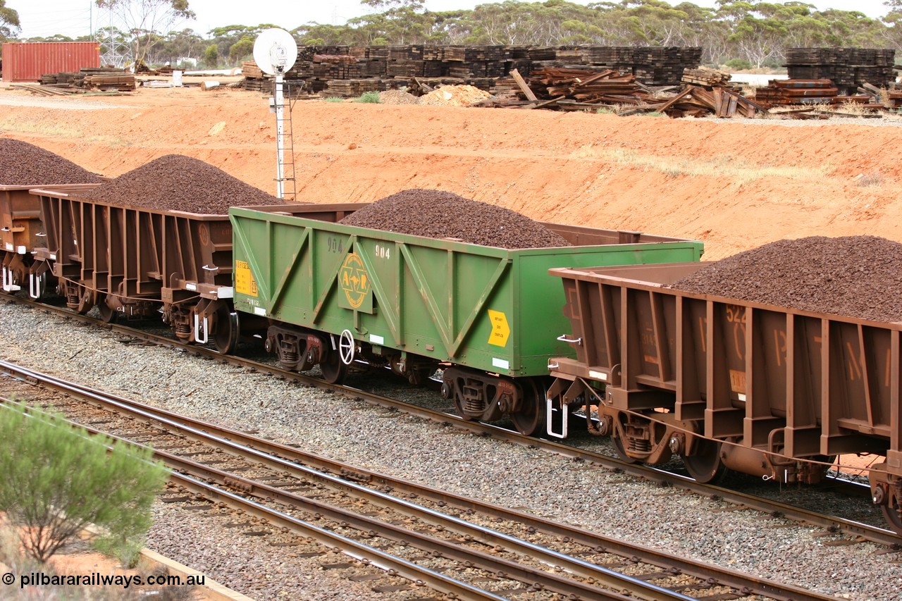 060116 2677
West Kalgoorlie, AOPY 32382 with black and white fleet number of 904, one of seventy ex ANR coal waggons rebuilt from AOKF type by Bluebird Engineering SA in service with ARG on Koolyanobbing iron ore trains. They used to be three metres longer and originally built by Metropolitan Cammell Britain as GB type in 1952-55, 16th January 2006.
Keywords: AOPY-type;AOPY32382;Bluebird-Engineering-SA;Metropolitan-Cammell-Britain;GB-type;