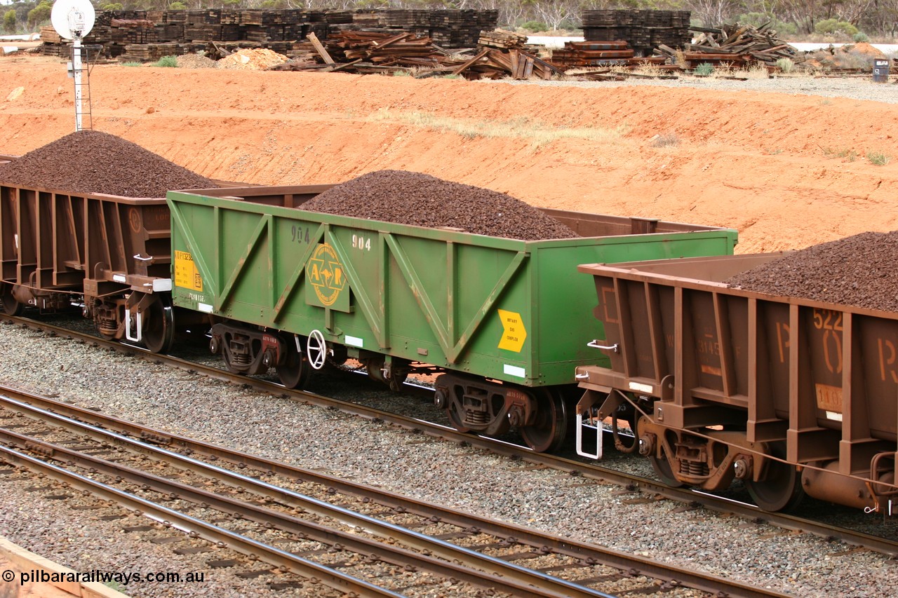 060116 2678
West Kalgoorlie, AOPY 32382, with fleet number 904, one of seventy ex ANR coal waggons rebuilt from AOKF type by Bluebird Engineering SA in service with ARG on Koolyanobbing iron ore trains. They were three metres longer and originally built by Metropolitan Cammell Britain as GB class in 1952-55, 16th January 2006.
Keywords: AOPY-type;AOPY32382;Bluebird-Engineering-SA;Metropolitan-Cammell-Britain;GB-type;