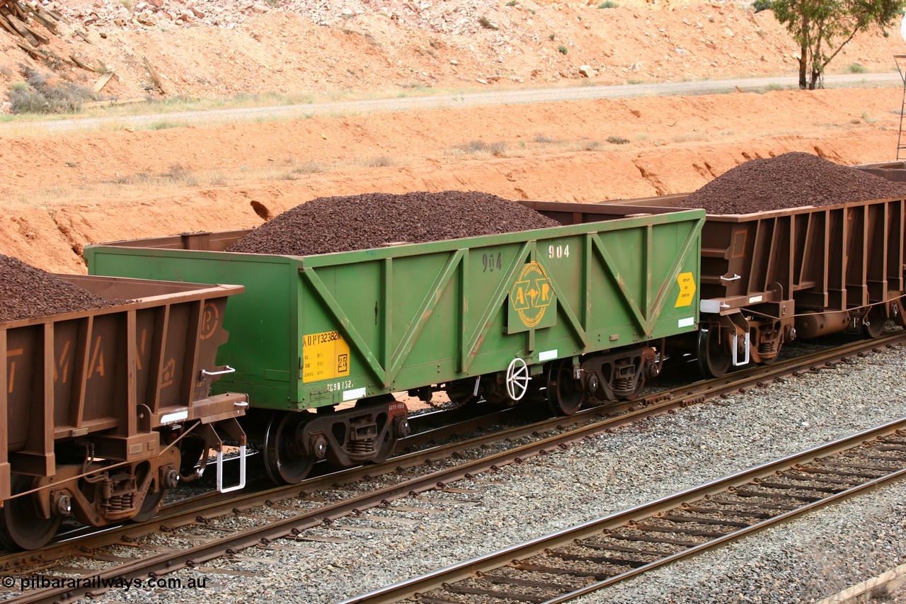 060116 2681
West Kalgoorlie, AOPY 32382 with black and white fleet number of 904, one of seventy ex ANR coal waggons rebuilt from AOKF type by Bluebird Engineering SA in service with ARG on Koolyanobbing iron ore trains. They used to be three metres longer and originally built by Metropolitan Cammell Britain as GB type in 1952-55, 16th January 2006.
Keywords: AOPY-type;AOPY32382;Bluebird-Engineering-SA;Metropolitan-Cammell-Britain;GB-type;