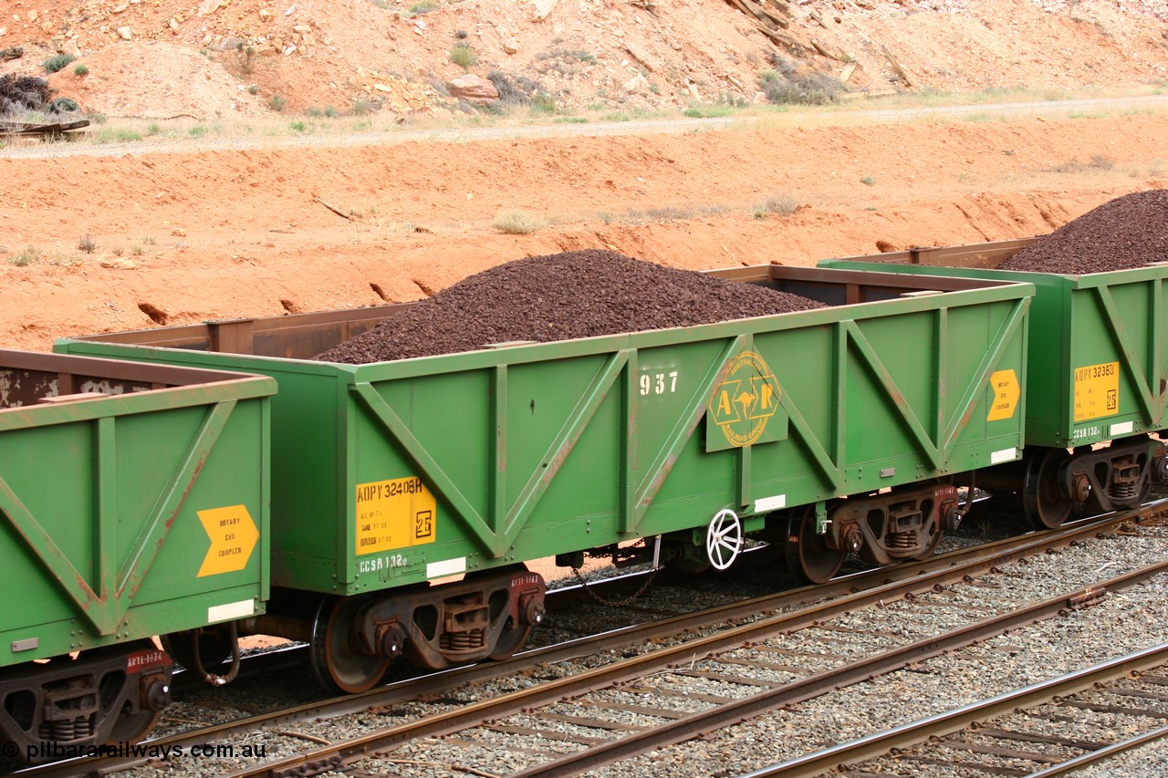 060116 2684
West Kalgoorlie, AOPY 32408 with fleet number 937, one of seventy ex ANR coal waggons rebuilt from AOKF type by Bluebird Engineering SA in service with ARG on Koolyanobbing iron ore trains. They used to be three metres longer and originally built by Metropolitan Cammell Britain as GB type in 1952-55, 16th January 2006.
Keywords: AOPY-type;AOPY32408;Bluebird-Engineering-SA;Metropolitan-Cammell-Britain;GB-type;