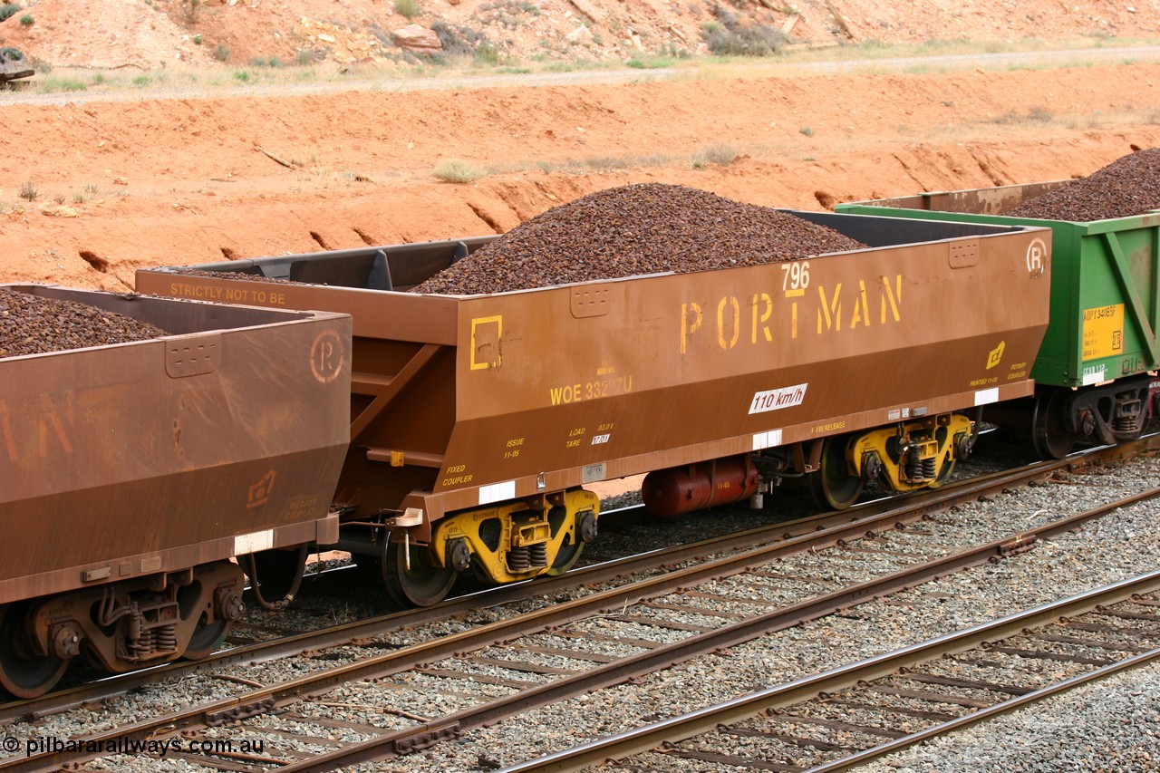 060116 2686
WOE type iron ore waggon WOE 33297 is one of a batch of one hundred and forty one built by United Goninan WA between November 2005 and April 2006 with serial number 950142-002 and fleet number 796 for Koolyanobbing iron ore operations, West Kalgoorlie 16th January 2006.
Keywords: WOE-type;WOE33297;United-Goninan-WA;950142-002;