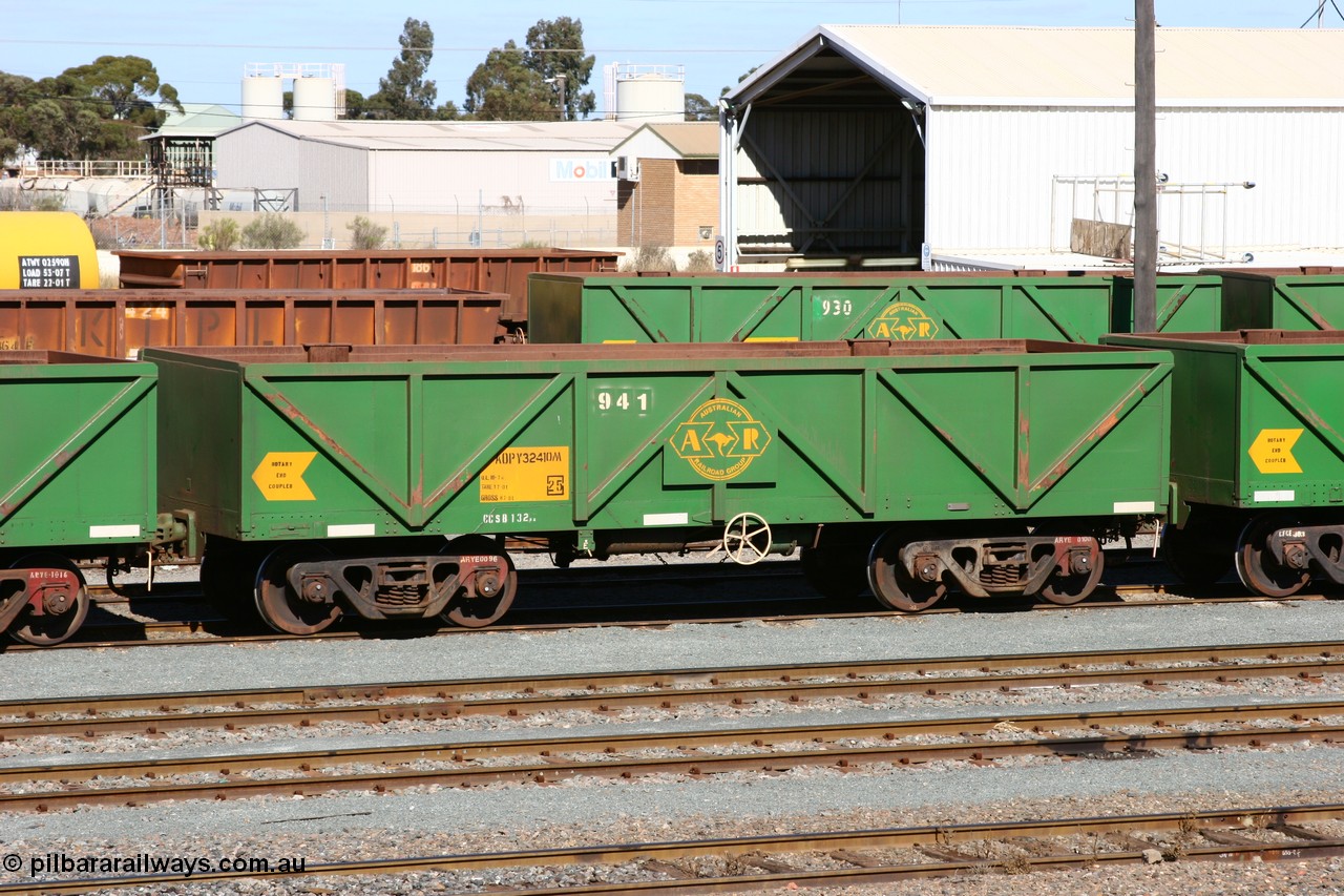 060528 4429
West Kalgoorlie, AOPY 32410, fleet number 941, one of seventy ex ANR coal waggons rebuilt from AOKF type by Bluebird Engineering SA in service with ARG on Koolyanobbing iron ore trains. They used to be three metres longer and originally built by Metropolitan Cammell Britain as GB type in 1952-55, 28th May 2006.
Keywords: AOPY-type;AOPY32410;Bluebird-Engineering-SA;Metropolitan-Cammell-Britain;GB-type;