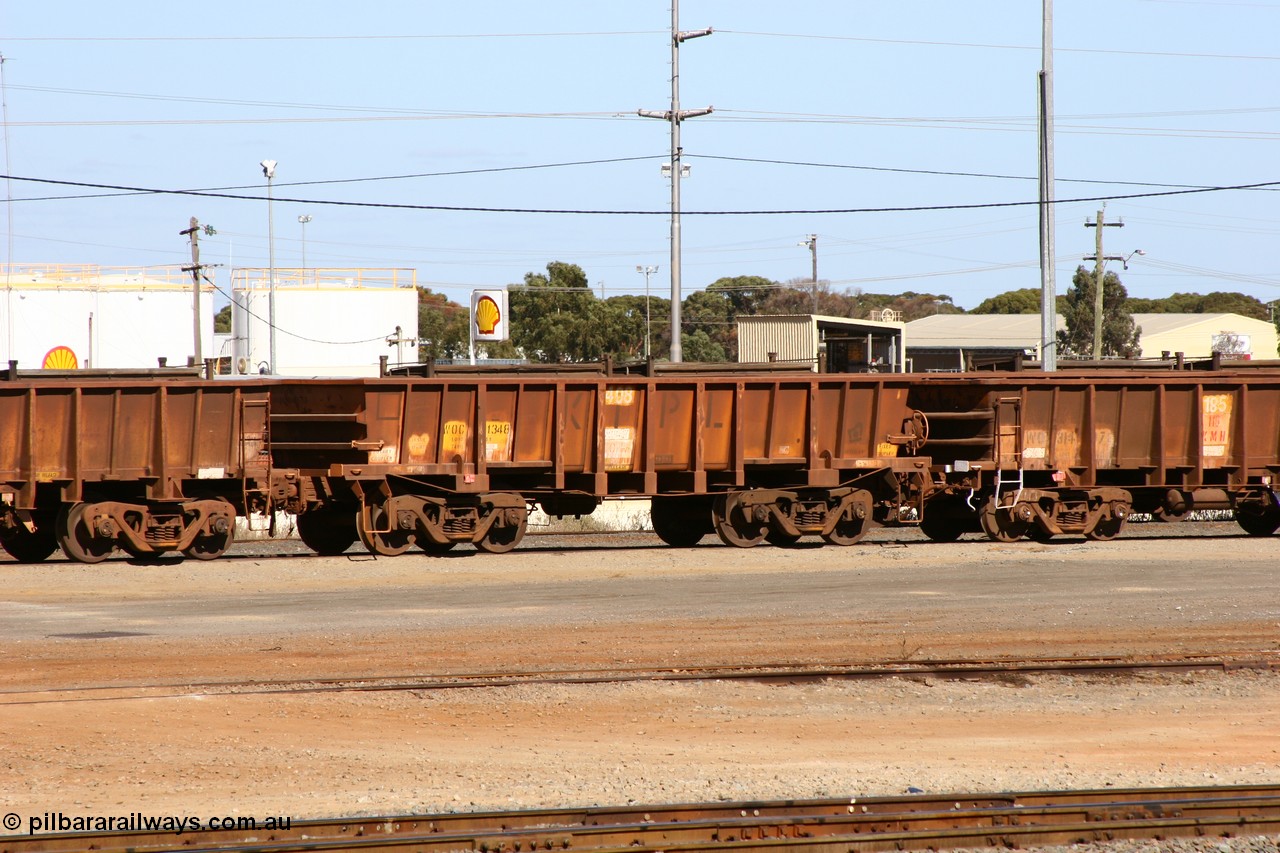 060528 4451
WOC type iron ore waggon WOC 31348 is one of a batch of thirty built by Goninan WA between October 1997 to January 1998 with fleet number 408 for Koolyanobbing iron ore operations with a 75 ton capacity and lettered for KIPL, Koolyanobbing Iron Pty Ltd, seen here red-carded at West Kalgoorlie, 28th May 2006.
Keywords: WOC-type;WOC31348;Goninan-WA;