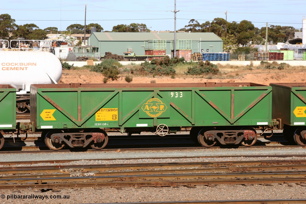 060528 4491
West Kalgoorlie, AOPY 32395 with fleet number 933, one of seventy ex ANR coal waggons rebuilt from AOKF type by Bluebird Engineering SA in service with ARG on Koolyanobbing iron ore trains. They used to be three metres longer and originally built by Metropolitan Cammell Britain as GB type in 1952-55, 28th May 2006.
Keywords: AOPY-type;AOPY32395;Bluebird-Engineering-SA;Metropolitan-Cammell-Britain;GB-type;