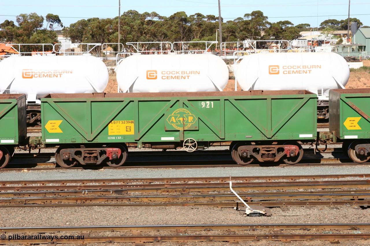 060528 4492
West Kalgoorlie, AOPY 32394 with fleet number 921, one of seventy ex ANR coal waggons rebuilt from AOKF type by Bluebird Engineering SA in service with ARG on Koolyanobbing iron ore trains. They used to be three metres longer and originally built by Metropolitan Cammell Britain as GB type in 1952-55, 28th May 2006.
Keywords: AOPY-type;AOPY32394;Bluebird-Engineering-SA;Metropolitan-Cammell-Britain;GB-type;