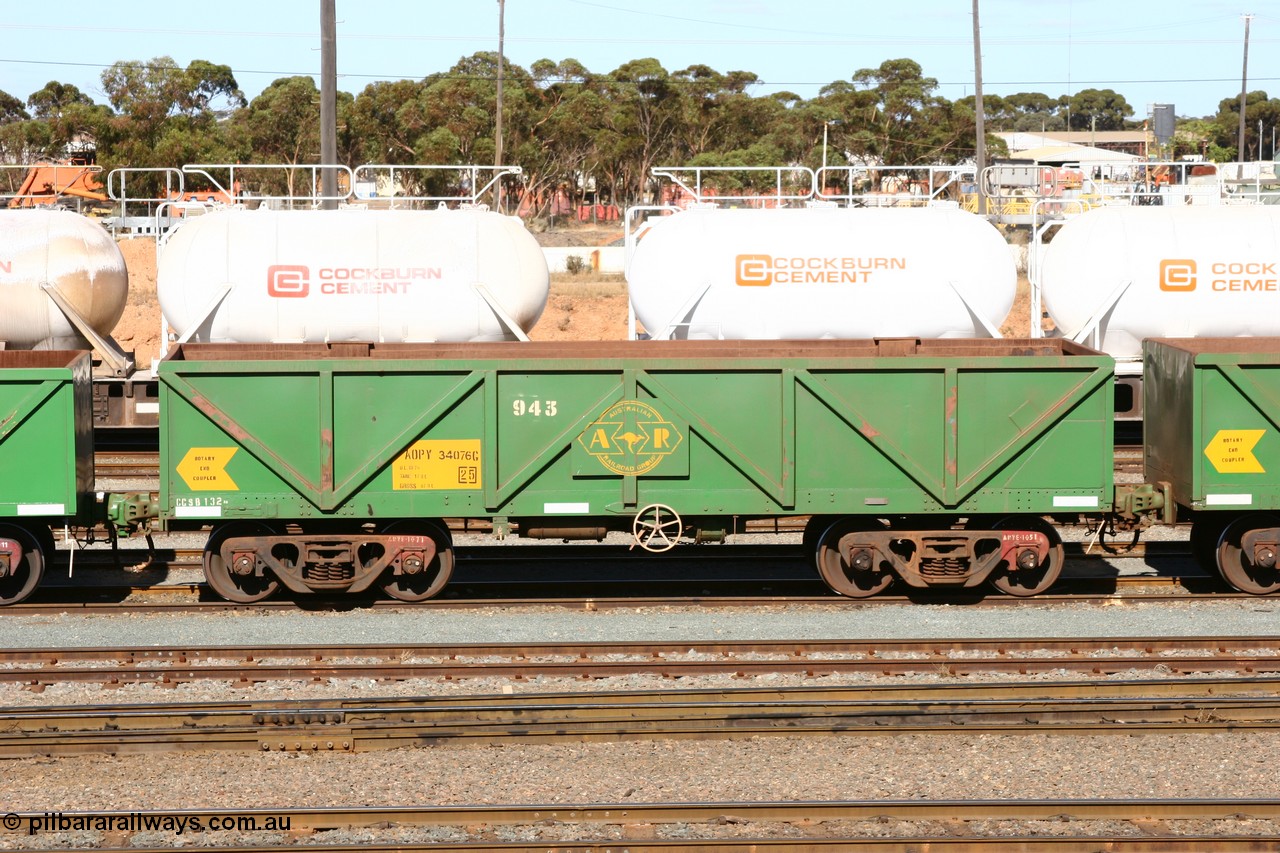 060528 4493
West Kalgoorlie, AOPY 34076 with fleet number 943, one of seventy ex ANR coal waggons rebuilt from AOKF type by Bluebird Engineering SA in service with ARG on Koolyanobbing iron ore trains. They used to be three metres longer and originally built by Metropolitan Cammell Britain as GB type in 1952-55, 28th May 2006.
Keywords: AOPY-type;AOPY34076;Bluebird-Engineering-SA;Metropolitan-Cammell-Britain;GB-type;