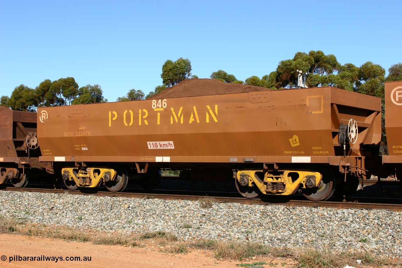 060528 4555
WOE type iron ore waggon WOE 33347 is one of a batch of one hundred and forty one built by United Goninan WA between November 2005 and April 2006 with serial number 950142-052 and fleet number 846 for Koolyanobbing iron ore operations, Bonnie Vale 28th May 2006.
Keywords: WOE-type;WOE33347;United-Goninan-WA;950142-052;