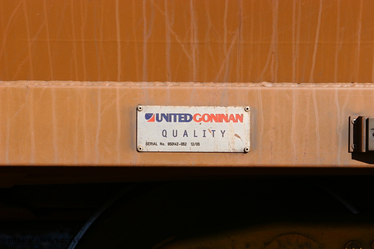 060528 4556
WOE type iron ore waggon WOE 33347 is one of a batch of one hundred and forty one built by United Goninan WA between November 2005 and April 2006 with serial number 950142-052 and fleet number 846 for Koolyanobbing iron ore operations, builders plate, Bonnie Vale 28th May 2006.
Keywords: WOE-type;WOE33347;United-Goninan-WA;950142-052;