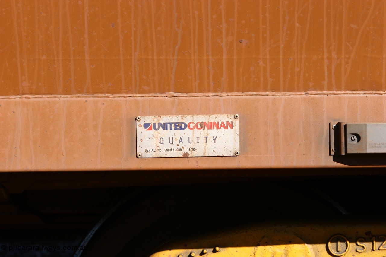 060528 4557
WOE type iron ore waggon WOE 33354 is one of a batch of one hundred and forty one built by United Goninan WA between November 2005 and April 2006 with serial number 950142-059 and fleet number 853 for Koolyanobbing iron ore operations, builders plate, build date of 12/2005, can carry unto 83 tonnes or ore and are the largest waggons in the iron ore fleet. Seen here at Bonnie Vale loaded with fines. 28th May 2006.
Keywords: WOE-type;WOE33354;United-Goninan-WA;950142-059;
