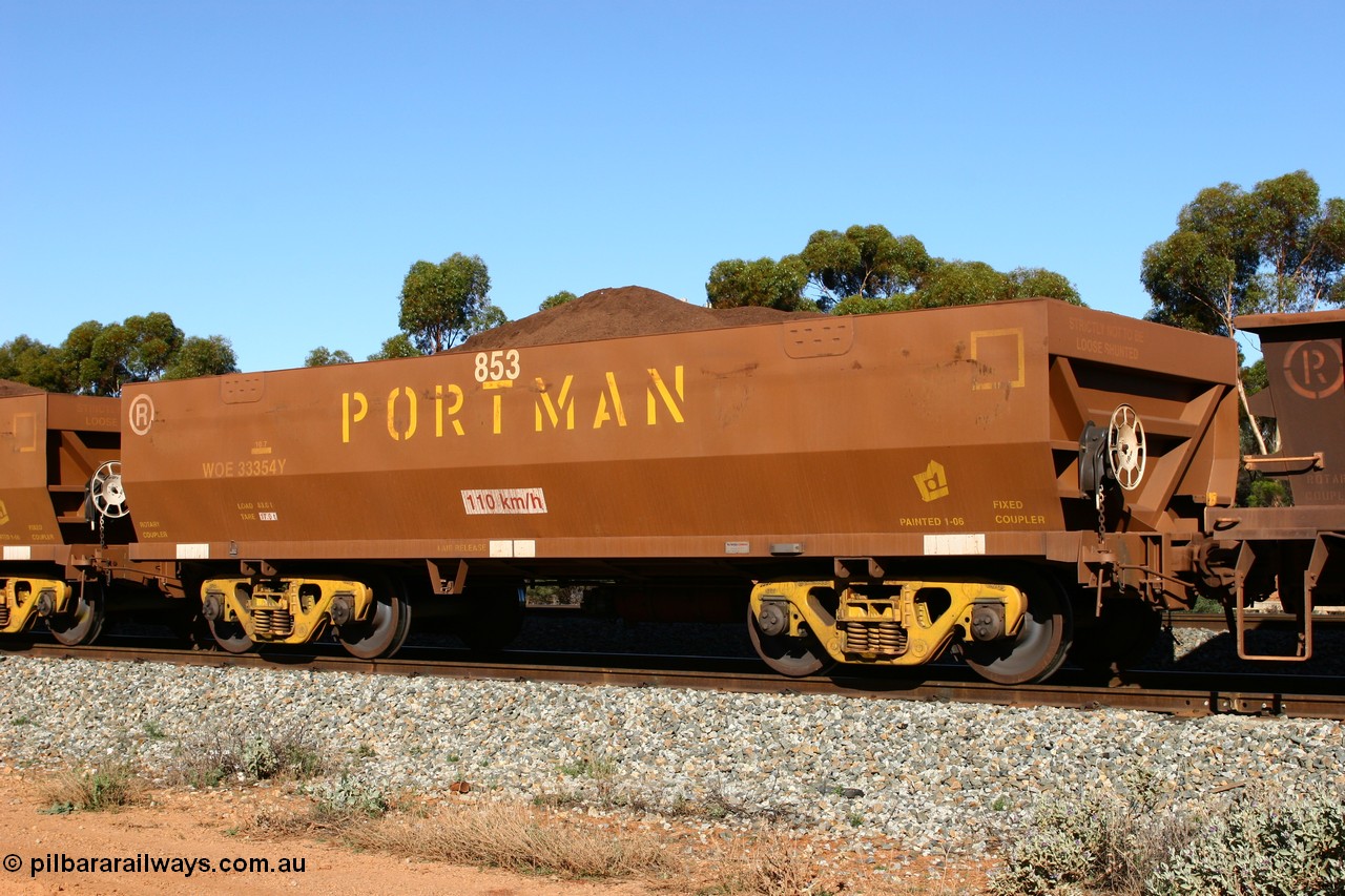 060528 4558
WOE type iron ore waggon WOE 33354 is one of a batch of one hundred and forty one built by United Goninan WA between November 2005 and April 2006 with serial number 950142-059 and fleet number 853 for Koolyanobbing iron ore operations. Seen here at Bonnie Vale loaded with fines. 28th May 2006.
Keywords: WOE-type;WOE33354;United-Goninan-WA;950142-059;
