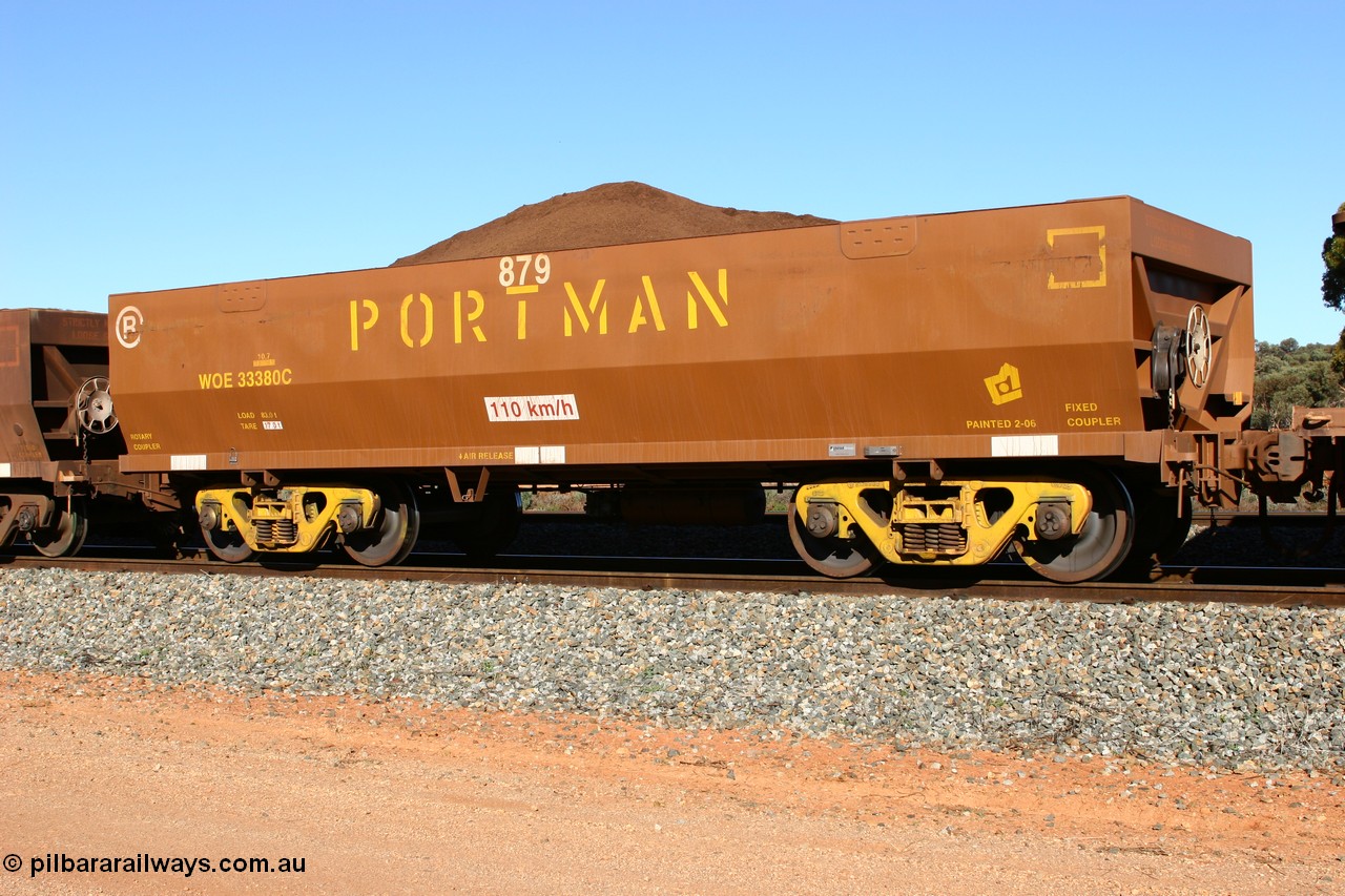 060528 4586
WOE type iron ore waggon WOE 33380 is one of a batch of one hundred and forty one built by United Group Rail WA between November 2005 and April 2006 with serial number 950142-085 and fleet number 879 for Koolyanobbing iron ore operations loaded with fines at Bonnie Vale 28th May 2006.
Keywords: WOE-type;WOE33380;United-Group-Rail-WA;950142-085;