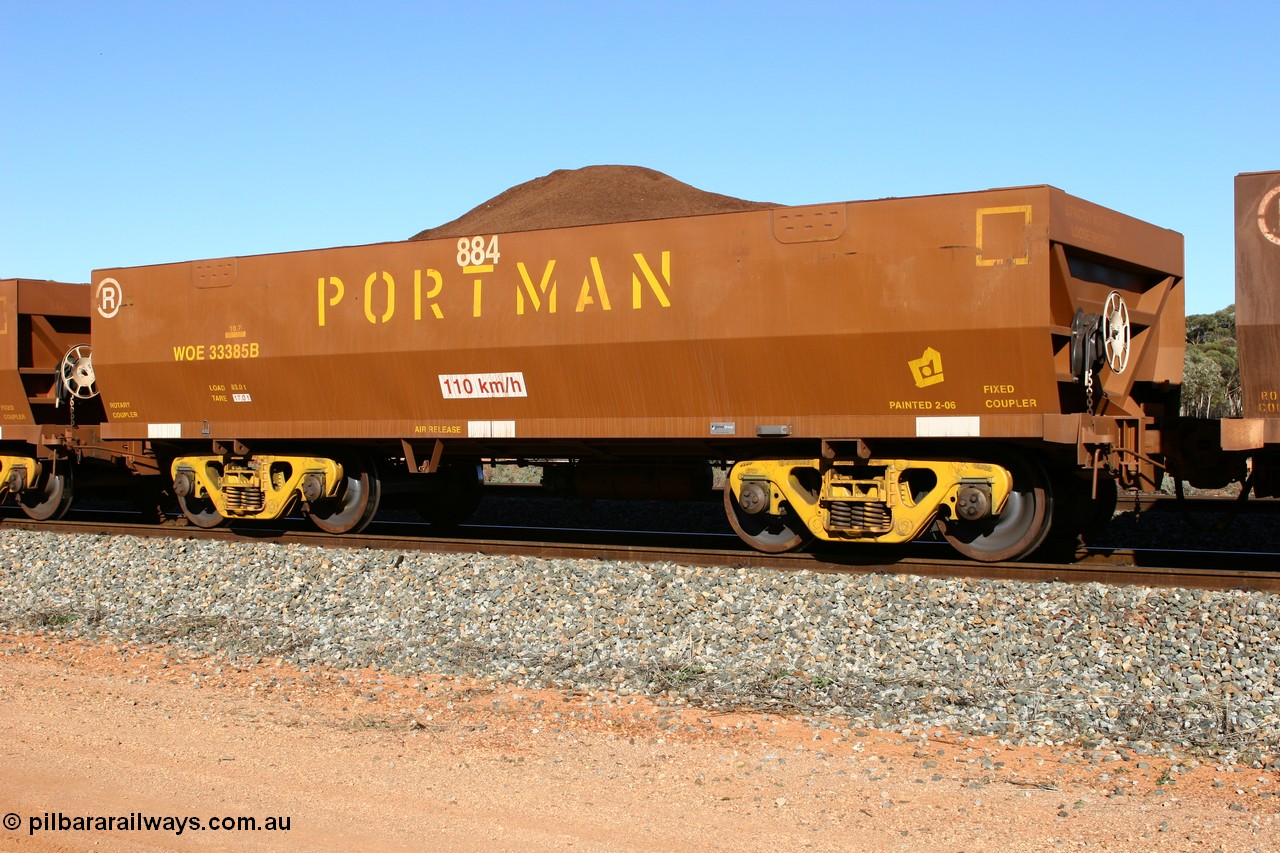 060528 4588
WOE type iron ore waggon WOE 33385 is one of a batch of one hundred and forty one built by United Group Rail WA between November 2005 and April 2006 with serial number 950142-090 and fleet number 884 for Koolyanobbing iron ore operations loaded with fines at Bonnie Vale 28th May 2006.
Keywords: WOE-type;WOE33385;United-Group-Rail-WA;950142-090;