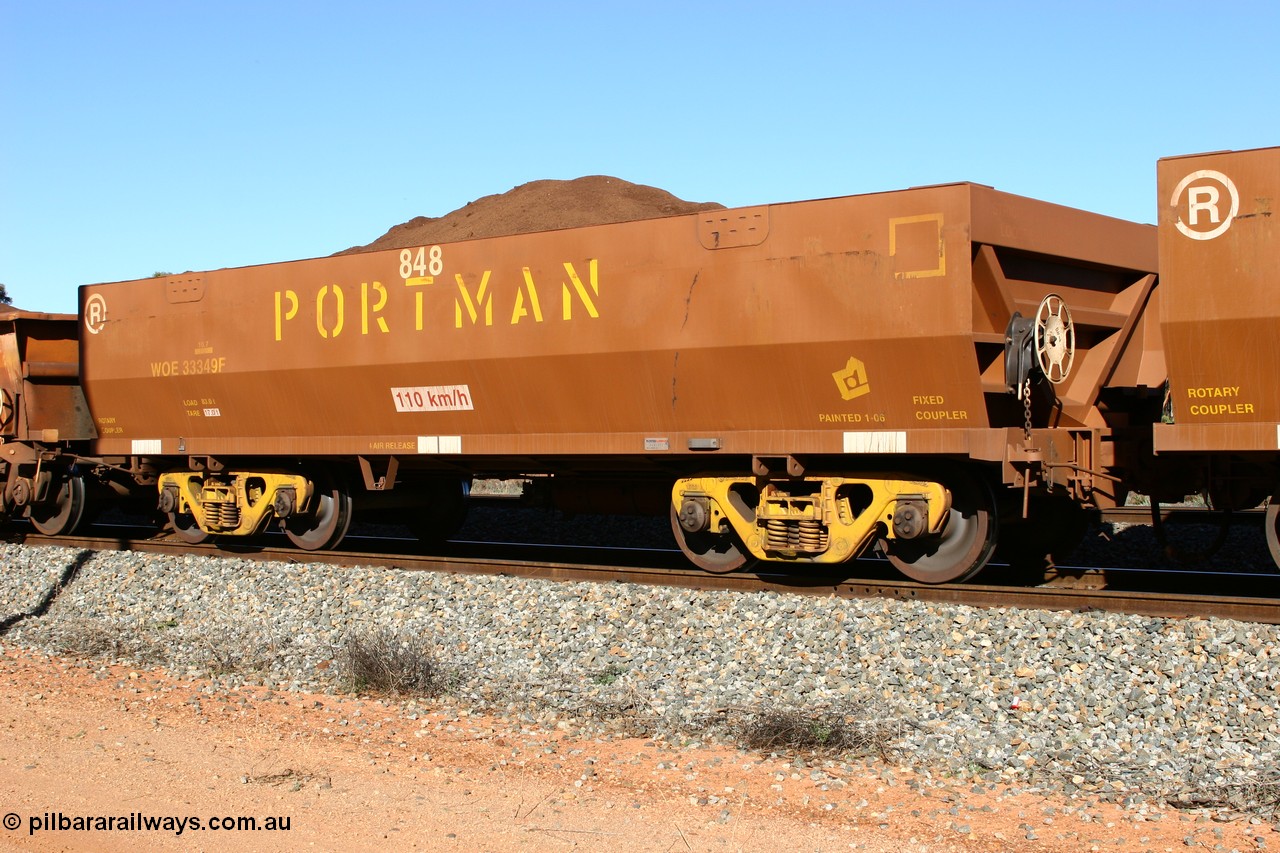 060528 4590
WOE type iron ore waggon WOE 33349 is one of a batch of one hundred and forty one built by United Goninan WA between November 2005 and April 2006 with serial number 950142-054 and fleet number 848 for Koolyanobbing iron ore operations loaded with fines at Bonnie Vale 28th May 2006.
Keywords: WOE-type;WOE33349;United-Goninan-WA;950142-054;