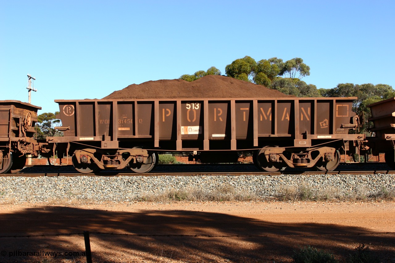 060528 4597
WOD type iron ore waggon WOD 31450 is one of a batch of sixty two built by Goninan WA between April and August 2000 with serial number 950086-022 and fleet number 513 for Koolyanobbing iron ore operations with a 75 ton capacity for Portman Mining to cart their Koolyanobbing iron ore to Esperance. Seen here loaded with fines in train 413 at Bonnie Vale. 28th May 2006.
Keywords: WOD-type;WOD31450;Goninan-WA;950086-022;