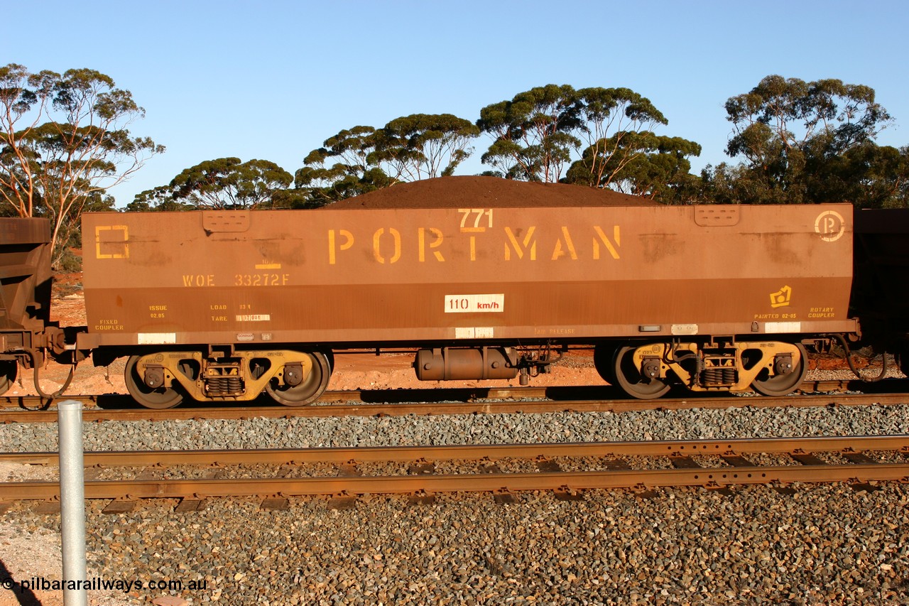060528 4622
WOE type iron ore waggon WOE 33272 is one of a batch of thirty five built by Goninan WA between January and April 2005 with serial number 950104-012 and fleet number 771 for Koolyanobbing iron ore operations, Binduli, 28th May 2006.
Keywords: WOE-type;WOE33272;Goninan-WA;950104-012;