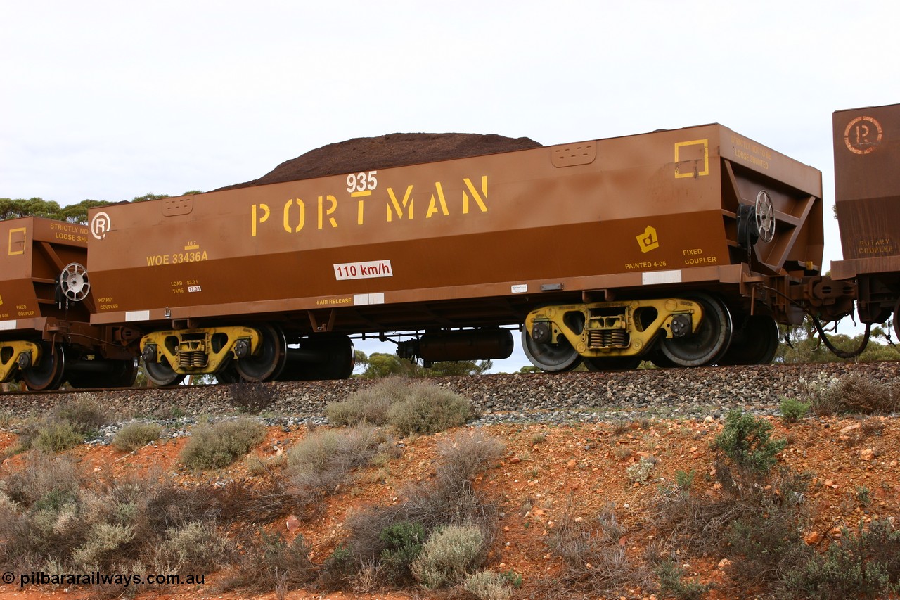 060529 4700
WOE type iron ore waggon WOE 33436 is one of a batch of one hundred and forty one built by United Group Rail WA between November 2005 and April 2006 with serial number 950142-141 and fleet number 8935 for Koolyanobbing iron ore operations, seen here loaded with fines at Binduli, 29th May 2006.
Keywords: WOE-type;WOE33436;United-Group-Rail-WA;950142-141;