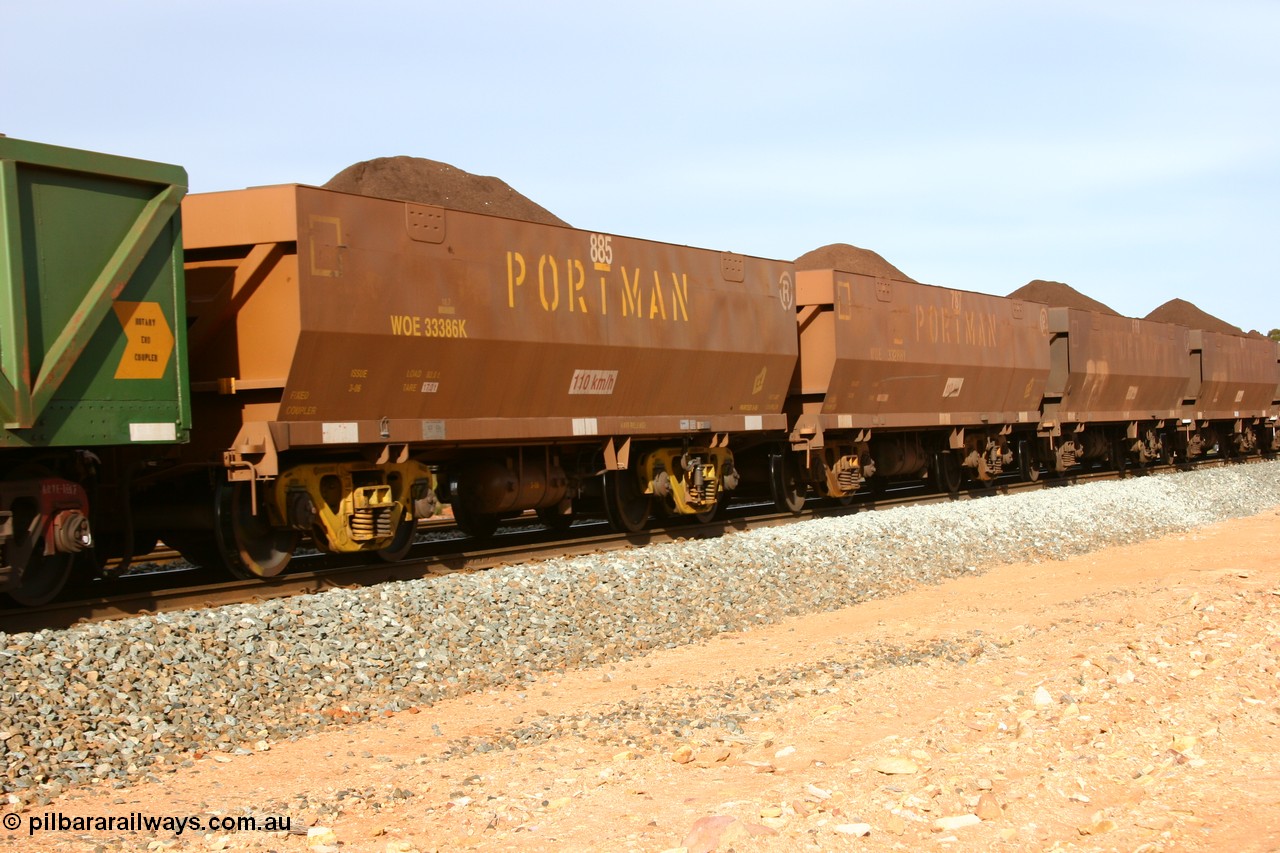 060531 5010
WOE type iron ore waggon WOE 33386 is one of a batch of one hundred and forty one built by United Group Rail WA between November 2005 and April 2006 with serial number 950142-091 and fleet number 885 for Koolyanobbing iron ore operations, seen here loaded with fines at Binduli, 29th May 2006.
Keywords: WOE-type;WOE33386;United-Group-Rail-WA;950142-091;