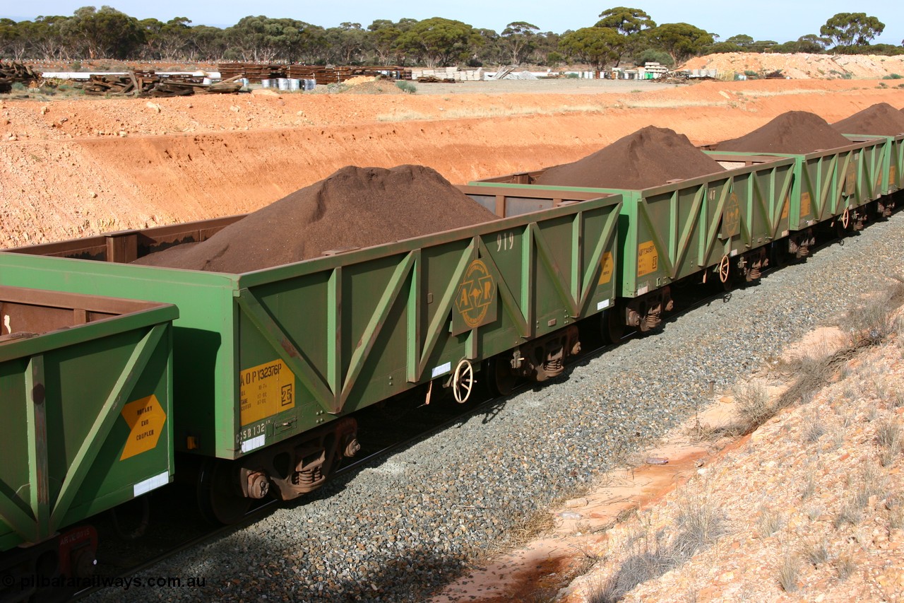 060531 5021
West Kalgoorlie, AOPY 32376, fleet number 919, one of seventy ex ANR coal waggons rebuilt from AOKF type by Bluebird Engineering SA in service with ARG on Koolyanobbing iron ore trains. They used to be three metres longer and originally built by Metropolitan Cammell Britain as GB type in 1952-55, 31st May 2006.
Keywords: AOPY-type;AOPY32376;Bluebird-Engineering-SA;Metropolitan-Cammell-Britain;GB-type;