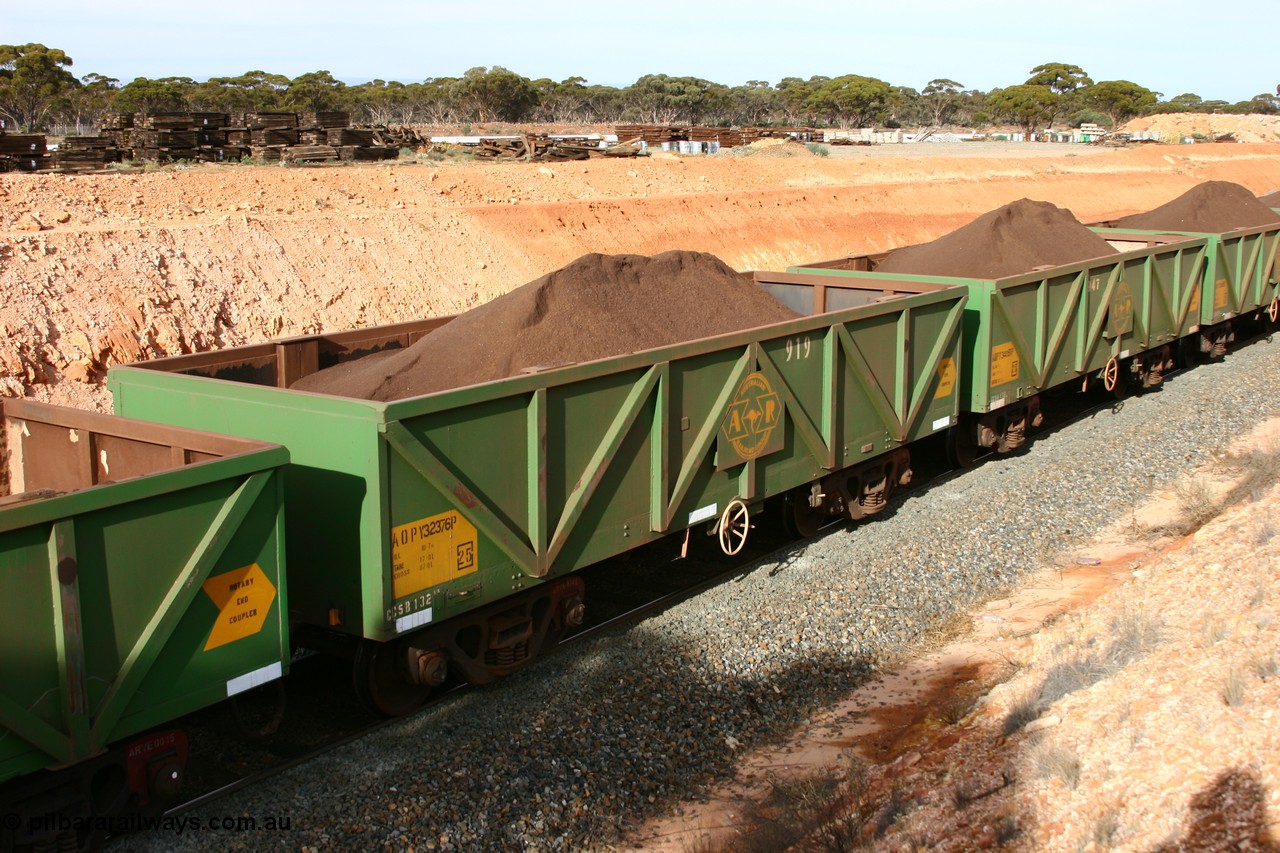 060531 5022
West Kalgoorlie, AOPY 32376, fleet number 919, one of seventy ex ANR coal waggons rebuilt from AOKF type by Bluebird Engineering SA in service with ARG on Koolyanobbing iron ore trains. They used to be three metres longer and originally built by Metropolitan Cammell Britain as GB type in 1952-55, 31st May 2006.
Keywords: AOPY-type;AOPY32376;Bluebird-Engineering-SA;Metropolitan-Cammell-Britain;GB-type;