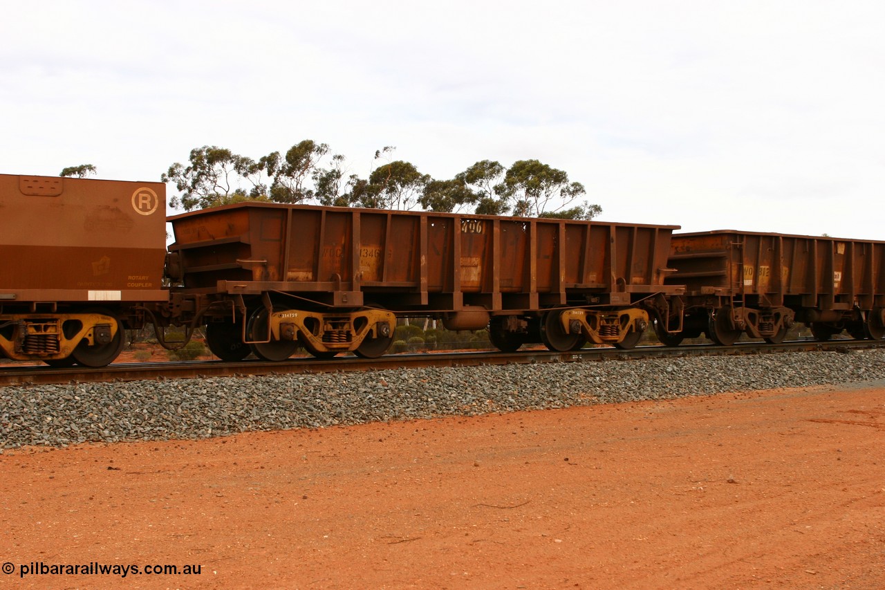 070527 9263
WOC type iron ore waggon WOC 31346 is one of a batch of thirty built by Goninan WA between October 1997 to January 1998 with fleet number 406 for Koolyanobbing iron ore operations with a 75 ton capacity and lettered for KIPL, Koolyanobbing Iron Pty Ltd, part of an empty train at Binduli, 27th May 2007.
Keywords: WOC-type;WOC31346;Goninan-WA;