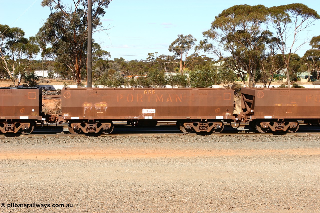 070529 9379
WOE type iron ore waggon WOE 31067 is one of a batch of one hundred and thirty built by Goninan WA between March and August 2001 with serial number 950092-057 and fleet number 653 for Koolyanobbing iron ore operations, West Kalgoorlie, 29th May 2007.
Keywords: WOE-type;WOE31067;Goninan-WA;950092-057;