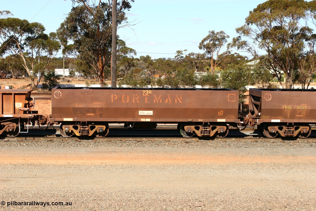 070529 9381
WOE type iron ore waggon WOE 33240 is one of a batch of twenty seven built by Goninan WA between September and October 2002 with serial number 950103-007 and fleet number 739 for Koolyanobbing iron ore operations, West Kalgoorlie, 29th May 2007.
Keywords: WOE-type;WOE33240;Goninan-WA;950103-007;