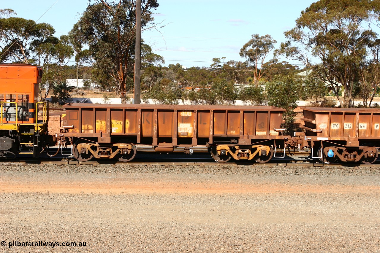 070529 9383
WOC type iron ore waggon WOC 31348 is one of a batch of thirty built by Goninan WA between October 1997 to January 1998 with fleet number 408 for Koolyanobbing iron ore operations with a 75 ton capacity and lettered for KIPL, Koolyanobbing Iron Pty Ltd, seen here at West Kalgoorlie, 29th May 2006.
Keywords: WOC-type;WOC31348;Goninan-WA;
