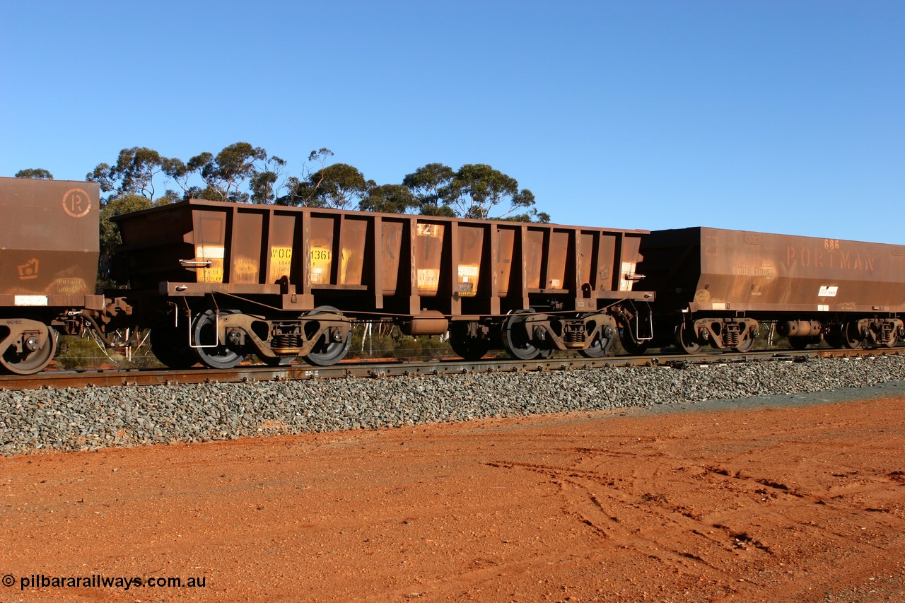 070531 9728
WOC type iron ore waggon WOC 31361 is one of a batch of thirty built by Goninan WA between October 1997 to January 1998 with fleet number 421 and build date of 12/1997, for Koolyanobbing iron ore operations with a 75 ton capacity and lettered for KIPL, Koolyanobbing Iron Pty Ltd, on an empty train at Binduli, 31st May 2007.
Keywords: WOC-type;WOC31361;Goninan-WA;
