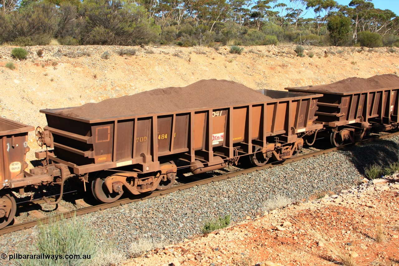 100602 8540
WOD type iron ore waggon WOD 31484 is one of a batch of sixty two built by Goninan WA between April and August 2000 with serial number 950086-056 and fleet number 547 for Koolyanobbing iron ore operations with a 75 ton capacity build date 07/2000, for Portman Mining to cart their Koolyanobbing iron ore to Esperance, loaded with fines ore just west of Binduli, 2nd June 2010.
Keywords: WOD-type;WOD31484;Goninan-WA;950086-056;