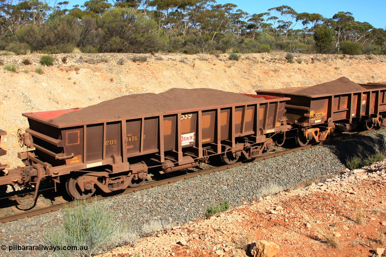 100602 8542
WOD type iron ore waggon WOD 31476 is one of a batch of sixty two built by Goninan WA between April and August 2000 with serial number 950086-048 and fleet number 539 for Koolyanobbing iron ore operations with a 75 ton capacity with a build date of 07/2000, for Portman Mining to cart their Koolyanobbing iron ore to Esperance, with the letters now painted over, loaded with fines ore just west of Binduli, 2nd June 2010.
Keywords: WOD-type;WOD31476;Goninan-WA;950086-048;