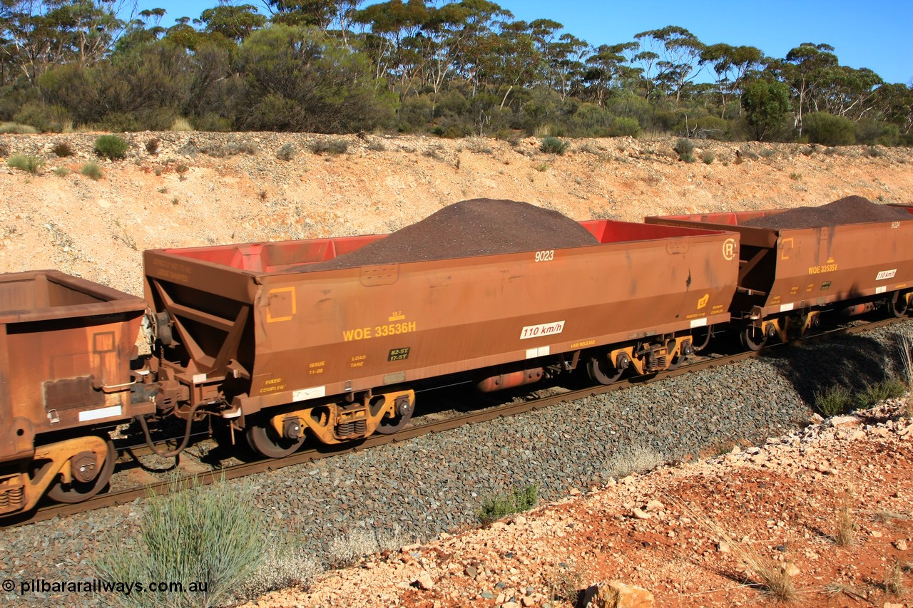 100602 8547
WOE type iron ore waggon WOE 33536 is one of a batch of one hundred and twenty eight built by United Group Rail WA between August 2008 and March 2009 with serial number 950211-076 and fleet number 9023 for Koolyanobbing iron ore operations, seen here west of Binduli, 2nd June 2010.
Keywords: WOE-type;WOE33536;United-Group-Rail-WA;950211-076;