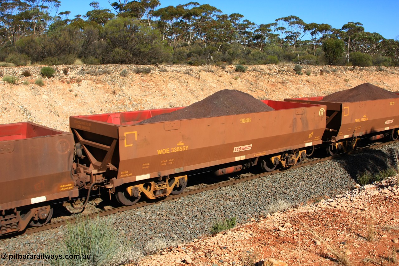 100602 8553
WOE type iron ore waggon WOE 33555 is one of a batch of one hundred and twenty eight built by United Group Rail WA between August 2008 and March 2009 with serial number 950211-095 and fleet number 9048 for Koolyanobbing iron ore operations, seen here west of Binduli, 2nd June 2010.
Keywords: WOE-type;WOE33555;United-Group-Rail-WA;950211-095;