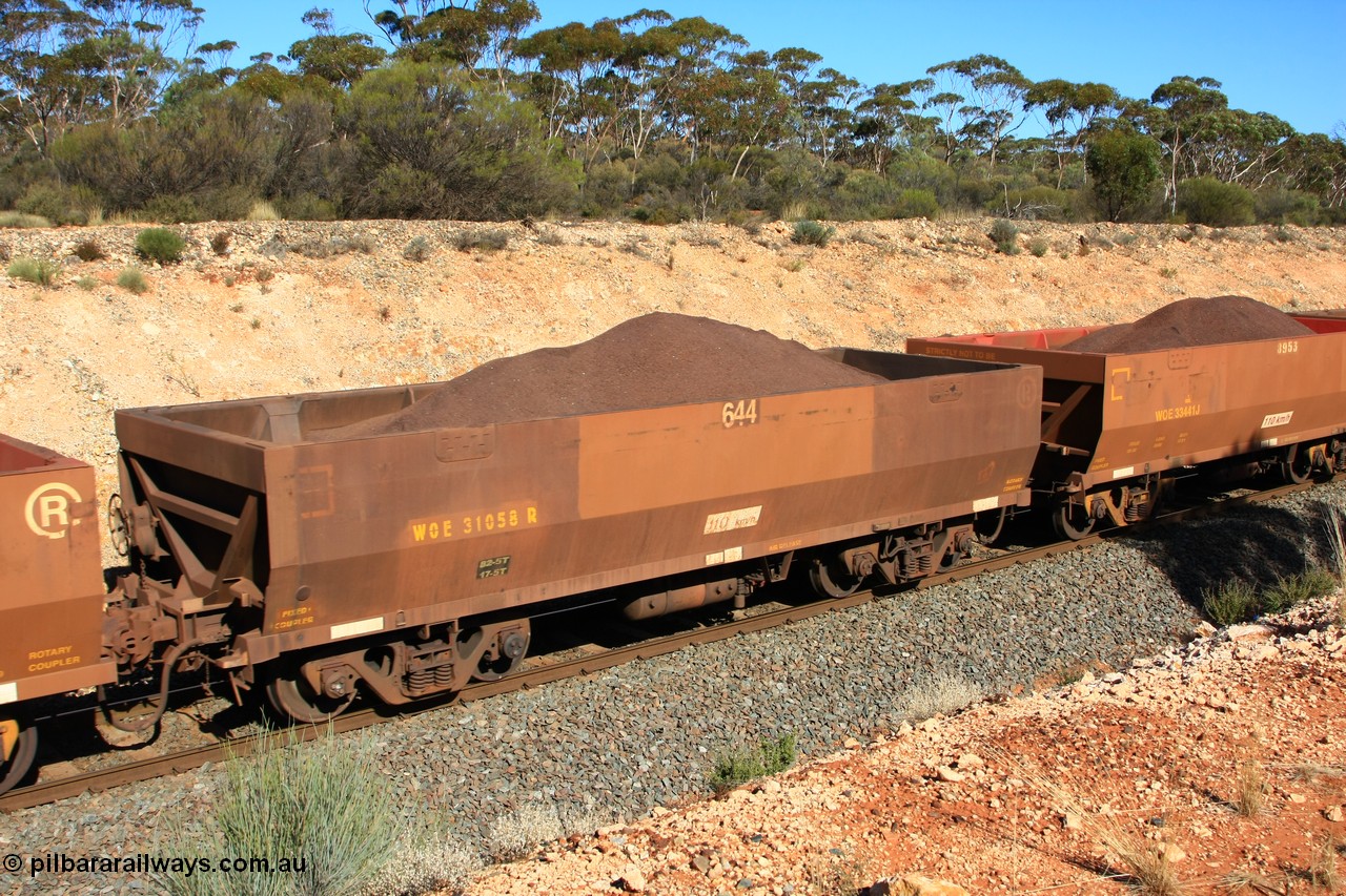 100602 8555
WOE type iron ore waggon WOE 31058 is one of a batch of fifteen built by Goninan WA between April and May 2002 with fleet number 644 for Koolyanobbing iron ore operations, with revised load of 82.5 tonne and PORTMAN painted out, seen here west of Binduli, 2nd June 2010.
Keywords: WOE-type;WOE31058;Goninan-WA;