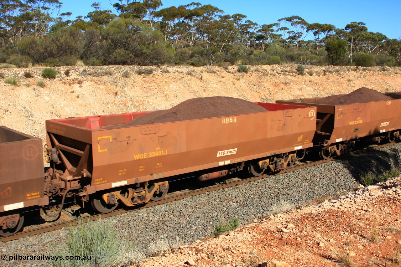 100602 8556
WOE type iron ore waggon WOE 33441 is one of a batch of seventeen built by United Group Rail WA between July and August 2008 with serial number 950209-005 and fleet number 8953 for Koolyanobbing iron ore operations with build date of 08/2008 of the current style of 82.5 tonne load capacity for Portman Mining with PORTMAN painted out, seen here west of Binduli, 2nd June 2010.
Keywords: WOE-type;WOE33441;United-Group-Rail-WA;950209-005;