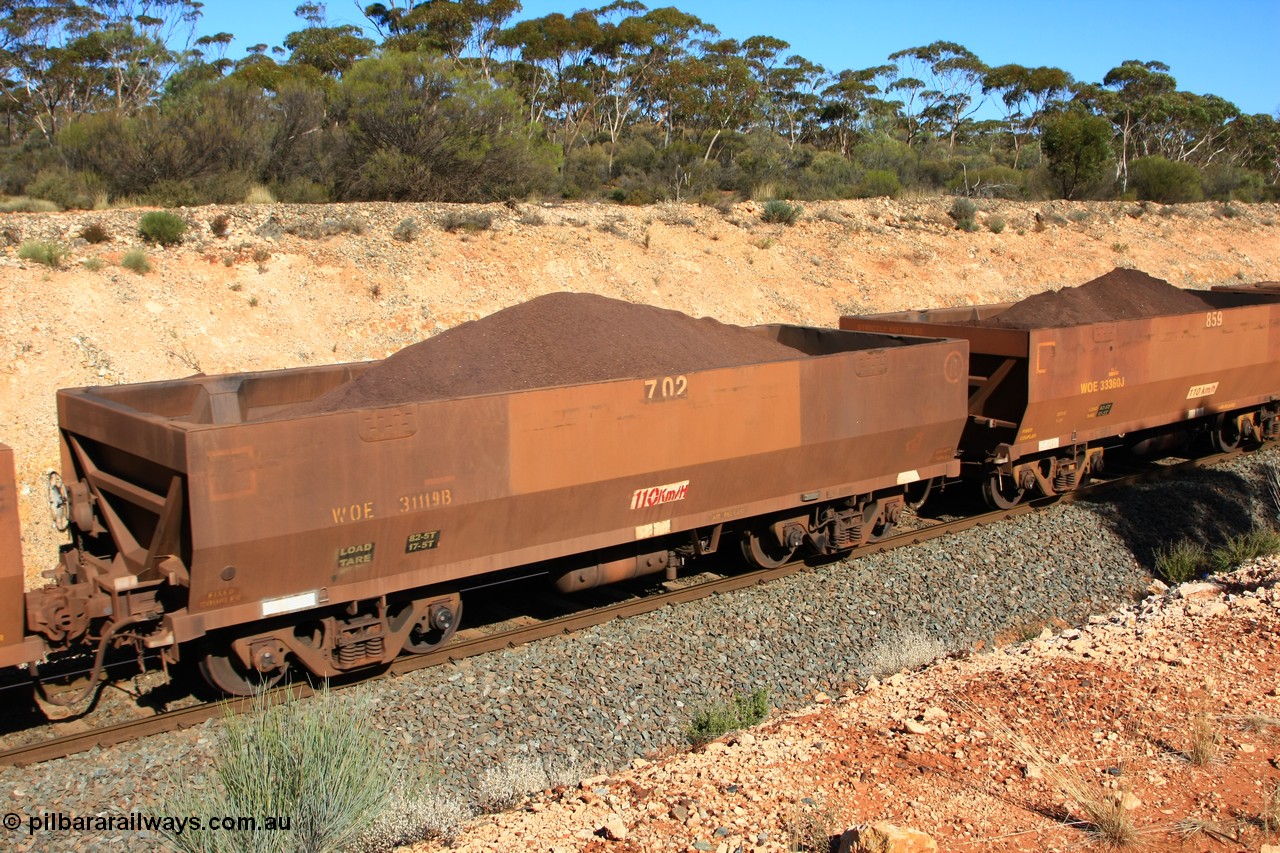 100602 8558
WOE type iron ore waggon WOE 31119 is one of a batch of one hundred and thirty built by Goninan WA between March and August 2001 with serial number 950092-109 and fleet number 702 for Koolyanobbing iron ore operations with revised load of 82.5 tonne and PORTMAN painted out, seen here west of Binduli, 2nd June 2010.
Keywords: WOE-type;WOE31119;Goninan-WA;950092-109;