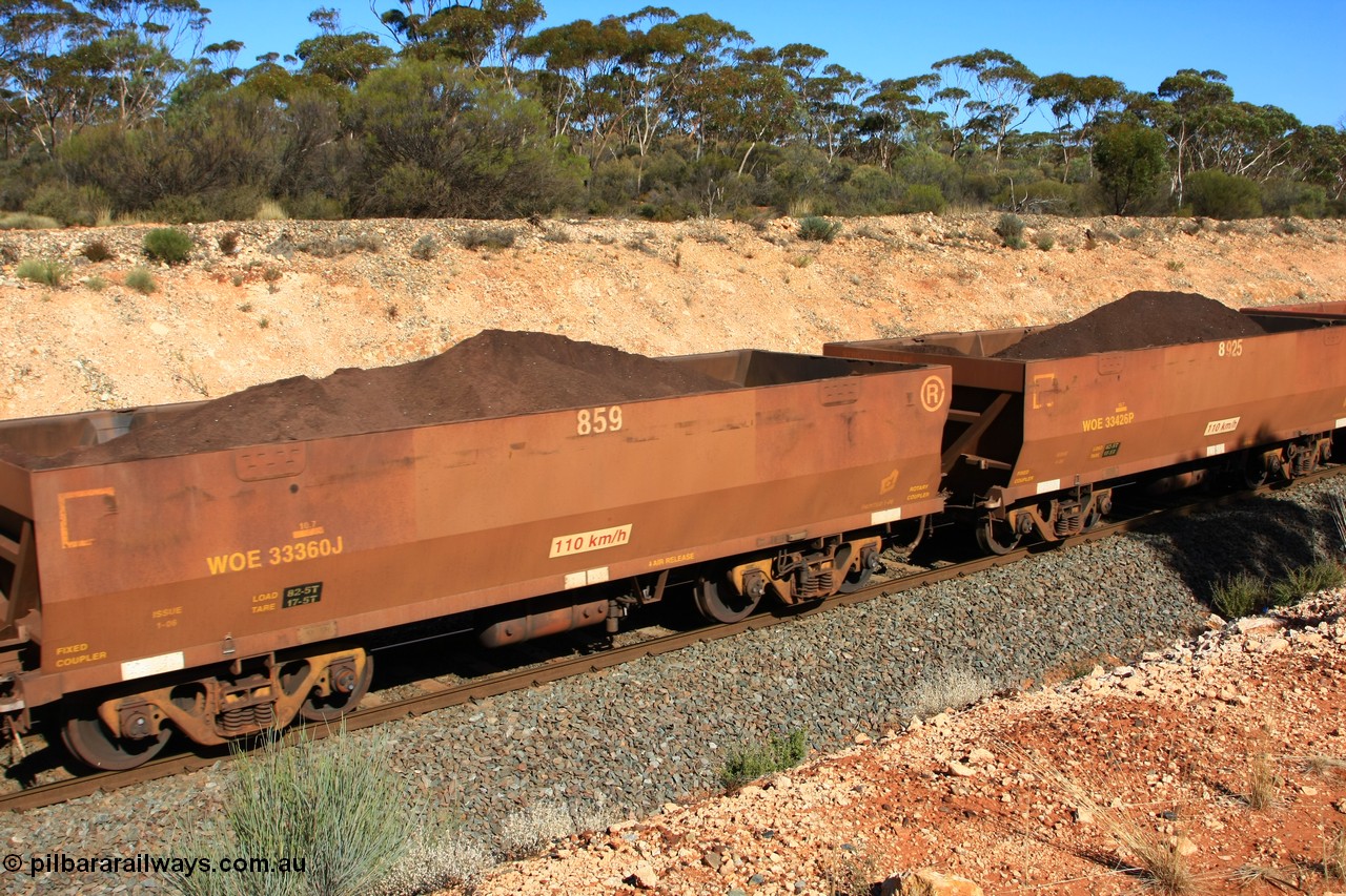 100602 8559
WOE type iron ore waggon WOE 33360 is one of a batch of one hundred and forty one built by United Goninan WA between November 2005 and April 2006 with serial number 950142-065 and fleet number 859 for Koolyanobbing iron ore operations with a revised load of 82.5 tonnes, with PORTMAN painted out, seen here west of Binduli, 2nd June 2010.
Keywords: WOE-type;WOE33360;United-Goninan-WA;950142-065;