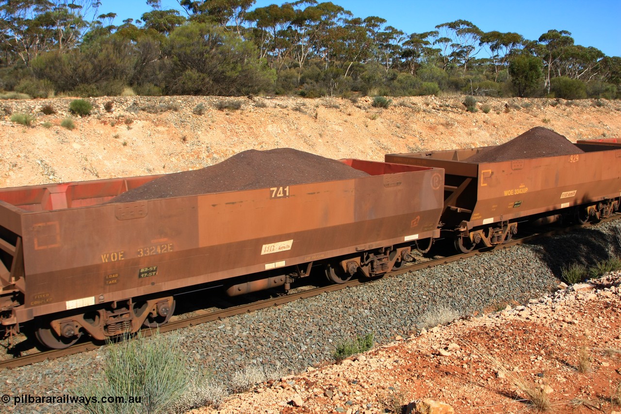 100602 8565
WOE type iron ore waggon WOE 33242 is one of a batch of twenty seven built by Goninan WA between September and October 2002 with serial number 950103-009 and fleet number 741 for Koolyanobbing iron ore operations with a revised load of 82.5 tonnes with PORTMAN painted out, seen here west of Binduli, 2nd June 2010.
Keywords: WOE-type;WOE33242;Goninan-WA;950103-009;