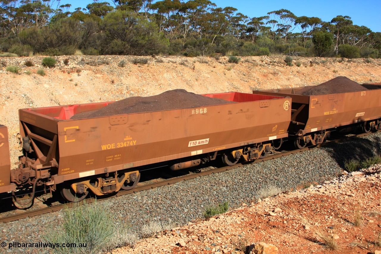 100602 8567
WOE type iron ore waggon WOE 33474 is one of a batch of one hundred and twenty eight built by United Group Rail WA between August 2008 and March 2009 with serial number 950211-016 and fleet number for Koolyanobbing iron ore operations, the 8 being a addition due to fleet size, build date of 06/2006 with a revised load of 82.5 tonnes with PORTMAN painted out, seen here west of Binduli, 2nd June 2010.
Keywords: WOE-type;WOE33474;United-Group-Rail-WA;950211-016;