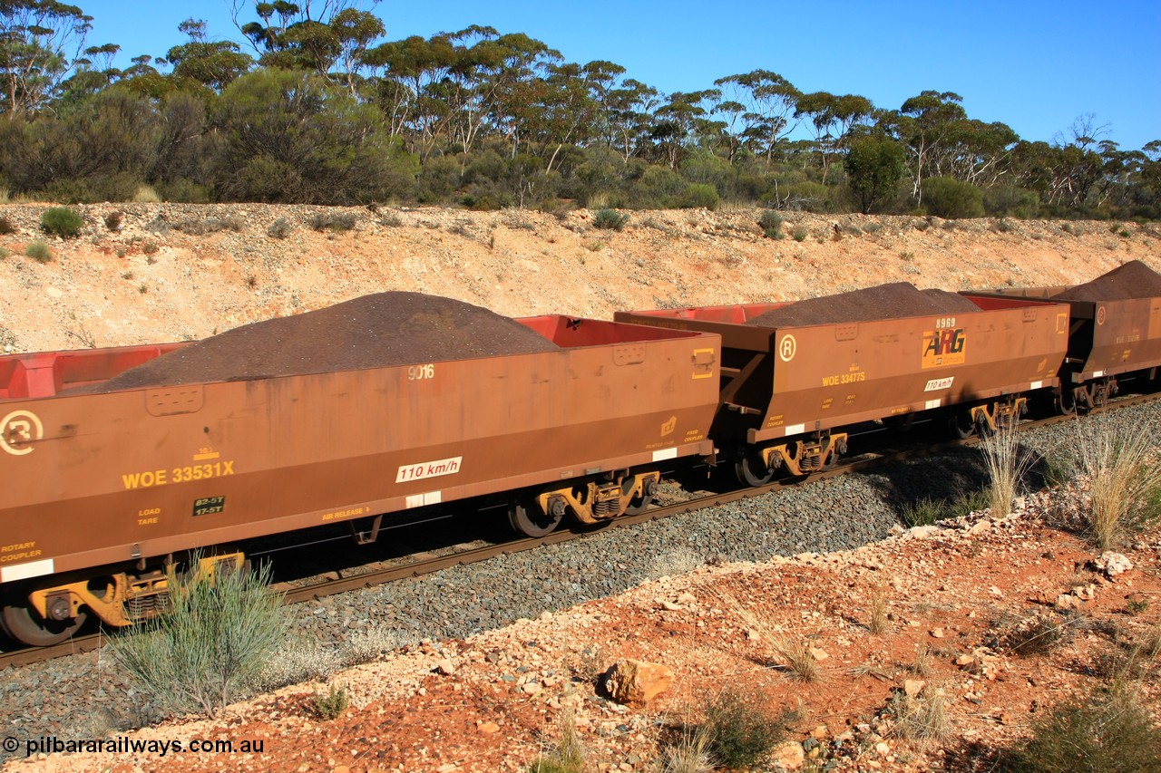 100602 8573
WOE type iron ore waggon WOE 33531 is one of a batch of one hundred and twenty eight built by United Group Rail WA between August 2008 and March 2009 with serial number 950211-071 and fleet number 9016 for Koolyanobbing iron ore operations, seen here west of Binduli, 2nd June 2010.
Keywords: WOE-type;WOE33531;United-Group-Rail-WA;950211-071;
