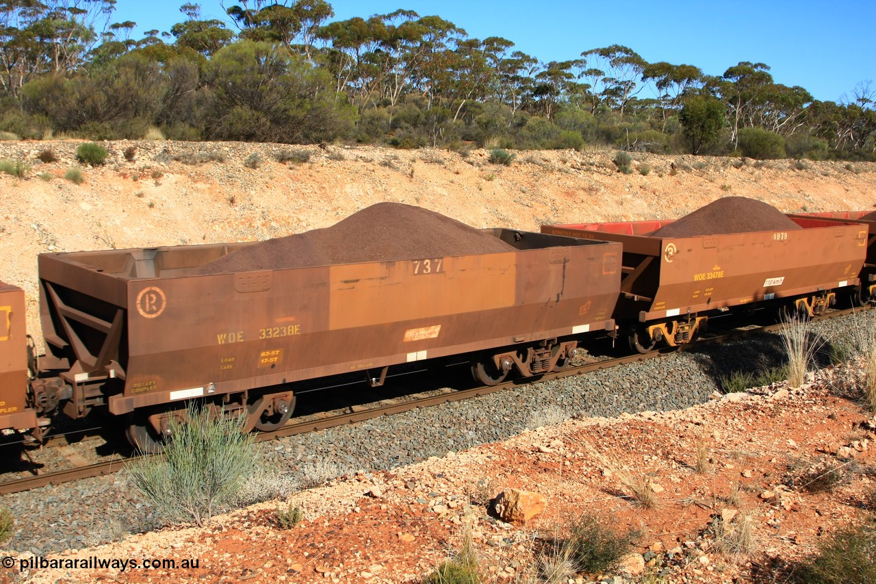 100602 8575
WOE type iron ore waggon WOE 33238 is one of a batch of twenty seven built by Goninan WA between September and October 2002 with serial number 950103-005 and fleet number 737 for Koolyanobbing iron ore operations but it now has the revised 82.5 tonne load rating and PORTMAN has been painted out, west of Binduli 2nd June 2010.
Keywords: WOE-type;WOE33238;Goninan-WA;950103-005;
