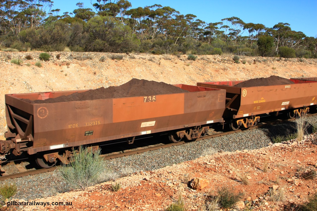 100602 8580
WOE type iron ore waggon WOE 33237 is one of a batch of twenty seven built by Goninan WA between September and October 2002 with serial number and fleet number 736 for Koolyanobbing iron ore operations but now has revised 82.5 tonne load and PORTMAN painted out. See image titled 060528 4544, Binduli 2nd June 2010.
Keywords: WOE-type;WOE33237;Goninan-WA;950103-004;