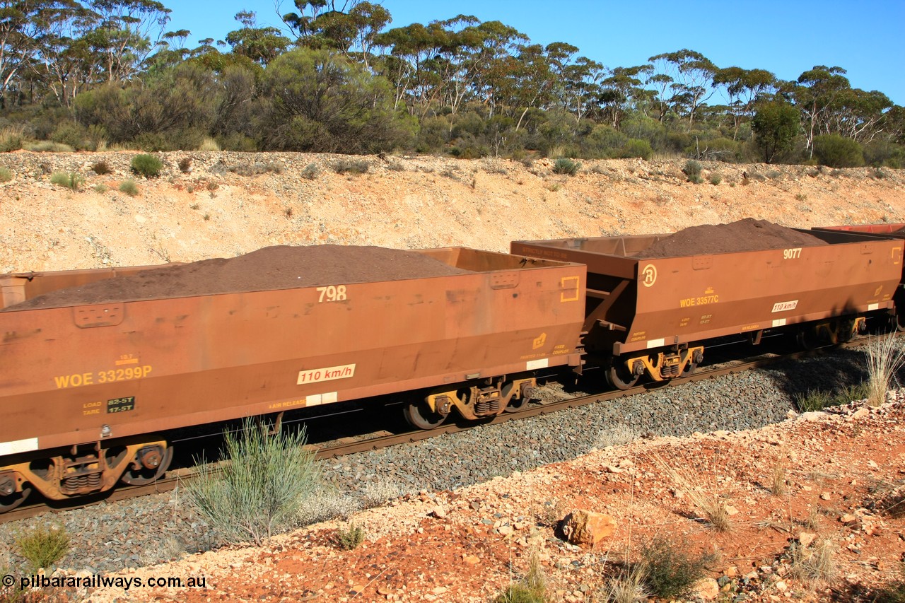 100602 8584
WOE type iron ore waggon WOE 33299 is one of a batch of one hundred and forty one built by United Goninan WA between November 2005 and April 2006 with serial number 950142-004 and fleet number 798 for Koolyanobbing iron ore operations, now with reduced load to 82.5 tonnes and PORTMAN painted out, Binduli 2nd June 2010.
Keywords: WOE-type;WOE33299;United-Goninan-WA;950142-004;