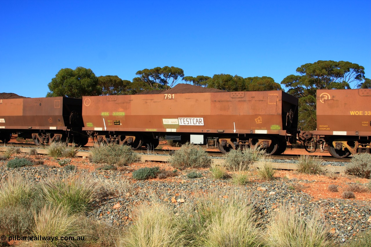 100602 8591
WOE type iron ore waggon WOE 33292 is one of a batch of thirty five built by United Goninan WA between January and April 2005 with serial number 950104-032 and fleet number 791 for Koolyanobbing iron ore operations, set up as a test car, build date of 04/2005 with a revised load of 82.5 tonnes and PORTMAN painted out, seen here at Binduli, 2nd June 2010.
Keywords: WOE-type;WOE33292;test-car;United-Goninan-WA;950104-032;