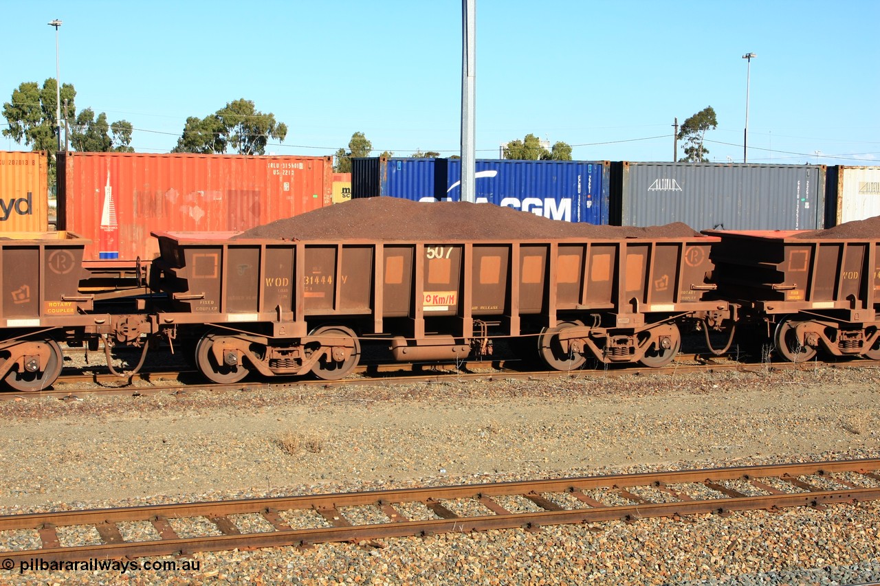 100602 8683
WOD type iron ore waggon WOD 31444 is one of a batch of sixty two built by Goninan WA between April and August 2000 with serial number 950086-016 and fleet number 507 for Koolyanobbing iron ore operations with a 75 ton capacity for Portman Mining to cart their Koolyanobbing iron ore to Esperance, PORTMAN has been painted out, West Kalgoorlie loaded with fines, 2nd June 2010.
Keywords: WOD-type;WOD31444;Goninan-WA;950086-015;