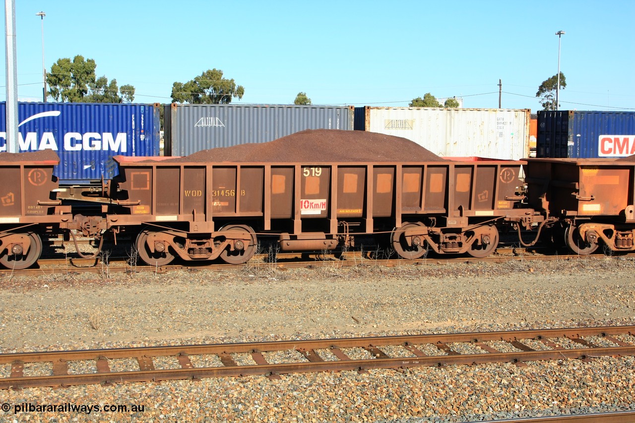 100602 8684
WOD type iron ore waggon WOD 31456 is one of a batch of sixty two built by Goninan WA between April and August 2000 with serial number 950086-028 and fleet number 519 for Koolyanobbing iron ore operations with a 75 ton capacity for Portman Mining to cart their Koolyanobbing iron ore to Esperance, PORTMAN has been painted out, West Kalgoorlie loaded with fines, 2nd June 2010.
Keywords: WOD-type;WOD31456;Goninan-WA;950086-028;
