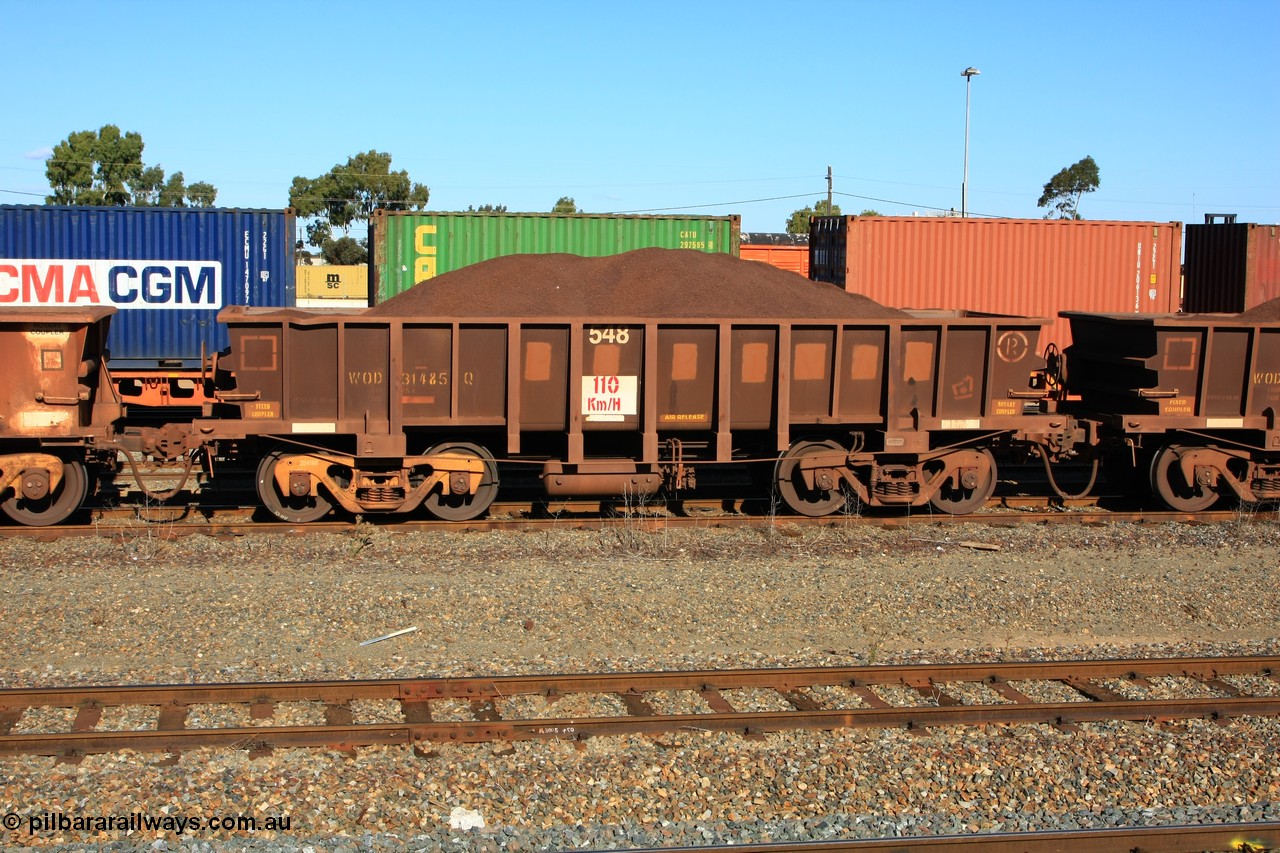 100602 8686
WOD type iron ore waggon WOD 31485 is one of a batch of sixty two built by Goninan WA between April and August 2000 with serial number 950086-057 and fleet number 548 for Koolyanobbing iron ore operations with a 75 ton capacity for Portman Mining to cart their Koolyanobbing iron ore to Esperance, PORTMAN has been painted out, West Kalgoorlie loaded with fines, 2nd June 2010.
Keywords: WOD-type;WOD31485;Goninan-WA;950086-057;