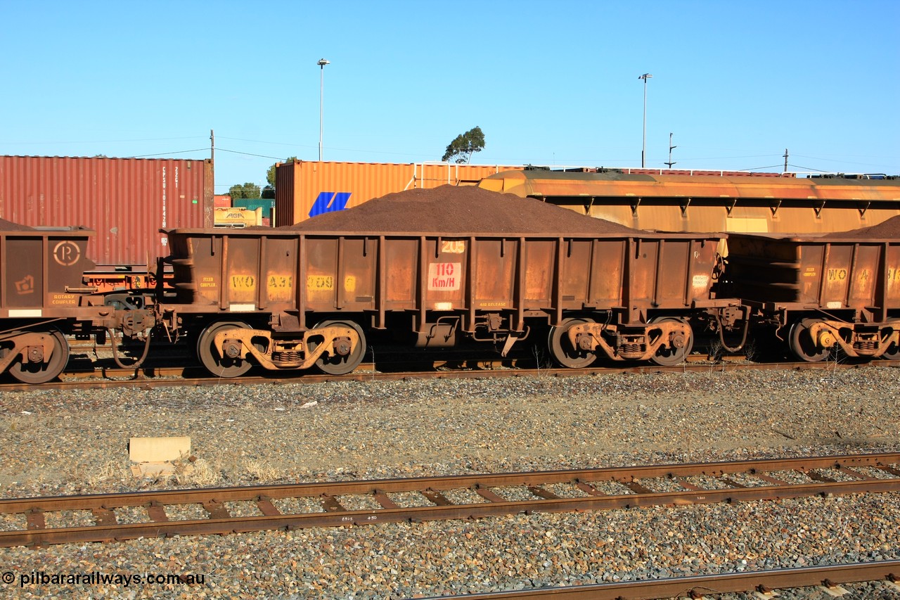 100602 8688
WOA type iron ore waggon WOA 31309 is one of a batch of thirty nine built by WAGR Midland Workshops between 1970 and 1971 with fleet number 205 for Koolyanobbing iron ore operations, with a 75 ton and 1018 ft³ capacity, West Kalgoorlie loaded with fines, 2nd June 2010.
Keywords: WOA-type;WOA31309;WAGR-Midland-WS;