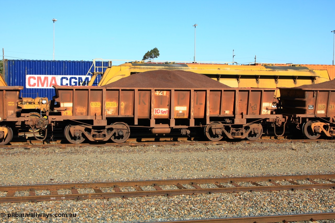 100602 8690
WOC type iron ore waggon WOC 31361 is one of a batch of thirty built by Goninan WA between October 1997 to January 1998 with fleet number 421 and build date of 12/1997, for Koolyanobbing iron ore operations with a 75 ton capacity and lettered for KIPL, Koolyanobbing Iron Pty Ltd, loaded with fines, West Kalgoorlie 2nd June 2010.
Keywords: WOC-type;WOC31361;Goninan-WA;