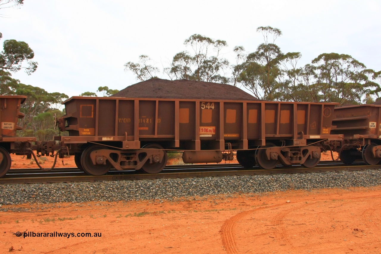 100605 9329
WOD type iron ore waggon WOD 31481 is one of a batch of sixty two built by Goninan WA between April and August 2000 with serial number 950086-053 and fleet number 542 for Koolyanobbing iron ore operations with a 75 ton capacity for Portman Mining to cart their Koolyanobbing iron ore to Esperance, now with PORTMAN painted out, Binduli Triangle, loaded with fines, 5th June 2010.
Keywords: WOD-type;WOD31481;Goninan-WA;950086-053;