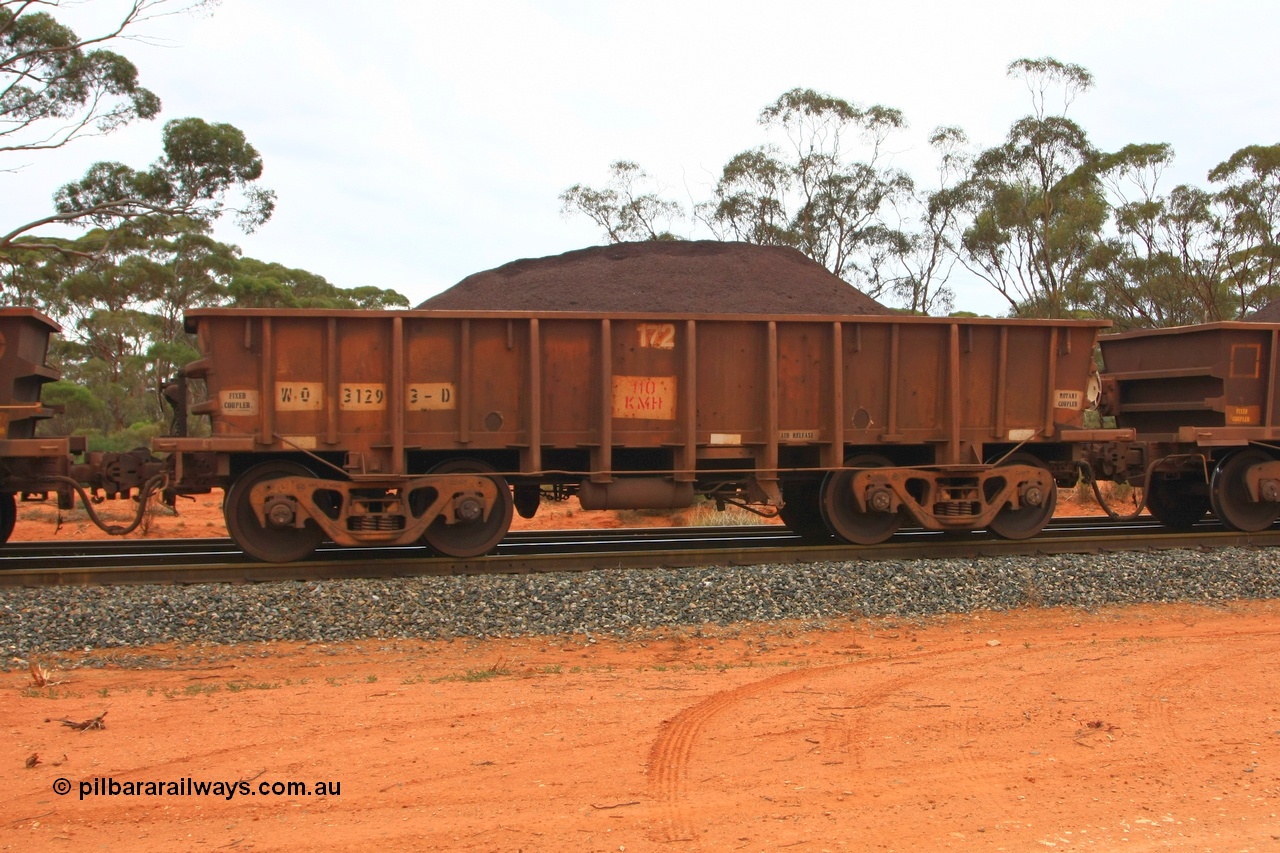 100605 9330
WO type iron ore waggon WO 31293 is one of a batch of fifteen built by WAGR Midland Workshops between July and October 1968 with fleet number 172 for Koolyanobbing iron ore operations, with a 75 ton and 1018 ft³ capacity, Binduli Triangle, loaded with fines, 5th June 2010.
Keywords: WO-type;WO31293;WAGR-Midland-WS;